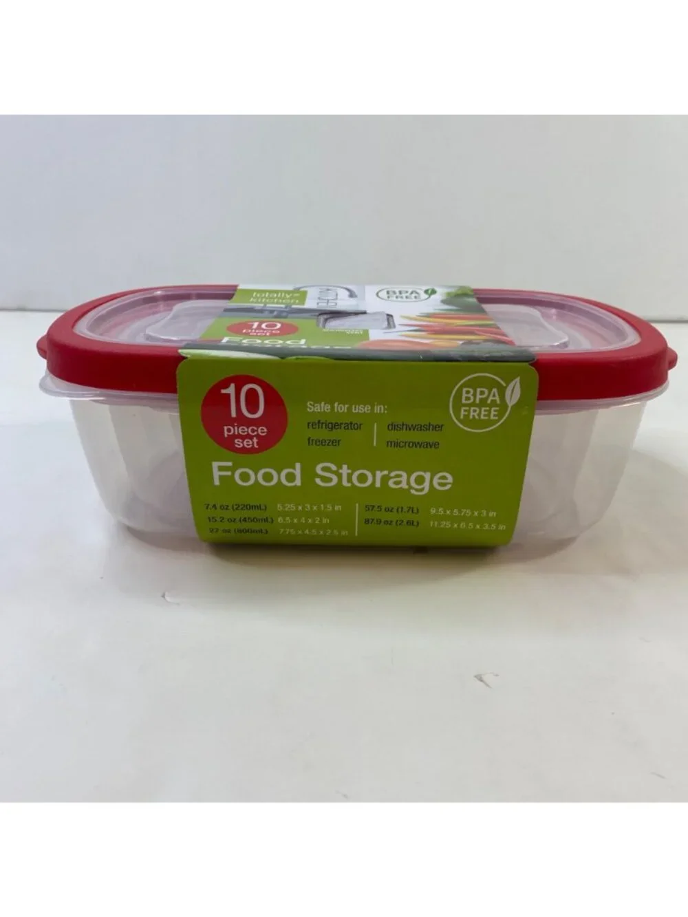 Totally Kitchen 10-Piece Food Storage Red Lids Microwave Freezer Dishwasher Safe